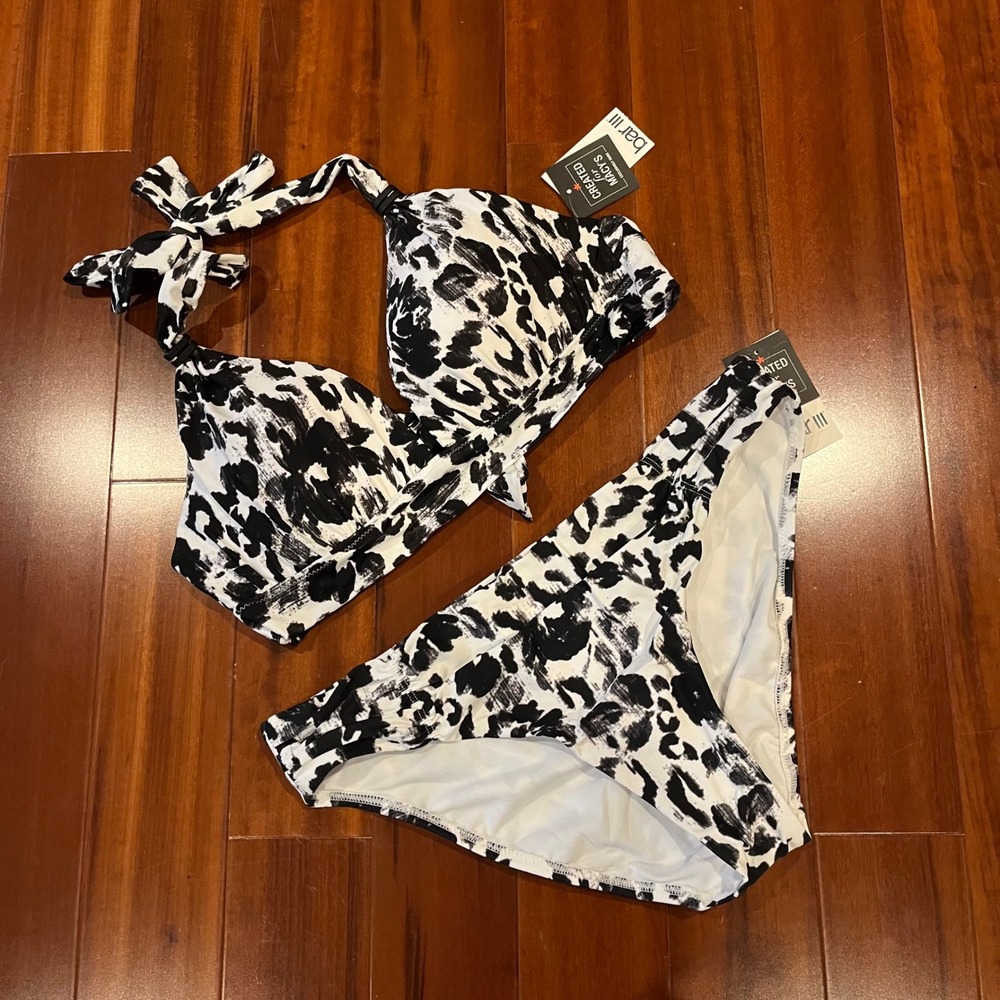BarIII Black White Bikini Set Two Piece Swim Animal Print Spot Garden New Size M
